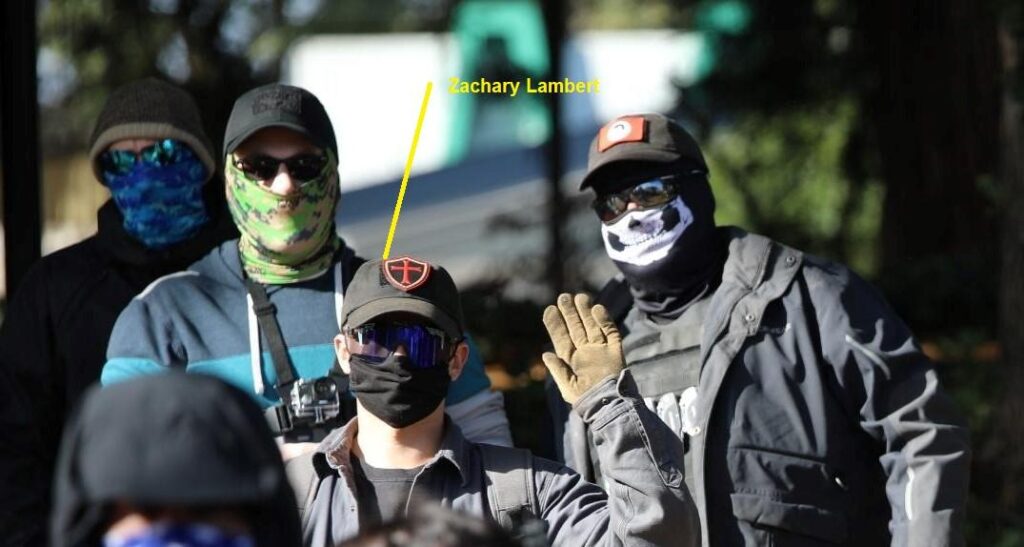 Neo-Nazi Zachary Lambert at a transphobic, anti-LGBTQ rally in Eugene protesting a childrens drag story hour.