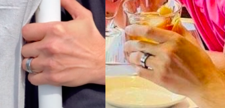 A split image showing the same hand with the same ring, belonging to Zachary Lambert. One image is from the Neo-Nazi rally he participated in, and the other is from a personal photo from a family gathering.