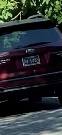 A maroon Subaru Forester belonging to Neo-Nazi Zachary Lambert, with OR license plate 9V1483