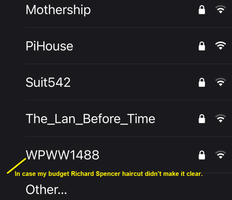 A list of nearby wifi networks, as seen on a mobile phone, including one called WPWW1488. This network belongs to Neo-Nazi Zachary Lambert.