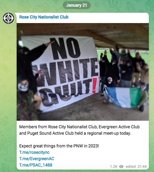 Telegram post from RCN, image of a bunch of blurred nazis under a pavillion. caption reads "members from RCN, EAC and Puget Sound Active Club held a regional meetup today. Expect great things from the pnw in 2023"