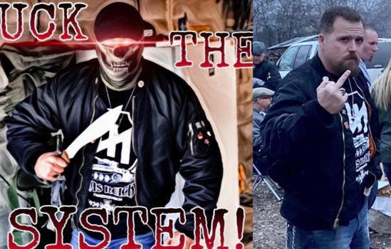 image collage of anthony allen. on left is a stylized pic of him wearing a skull mask with laser eyes, holding a large knife and has the text "fuck the system". on right is a pic of Anthony Allen at a nazi gathering, giving the camera the middle finger. he is wearing the same shirt as on the other image.