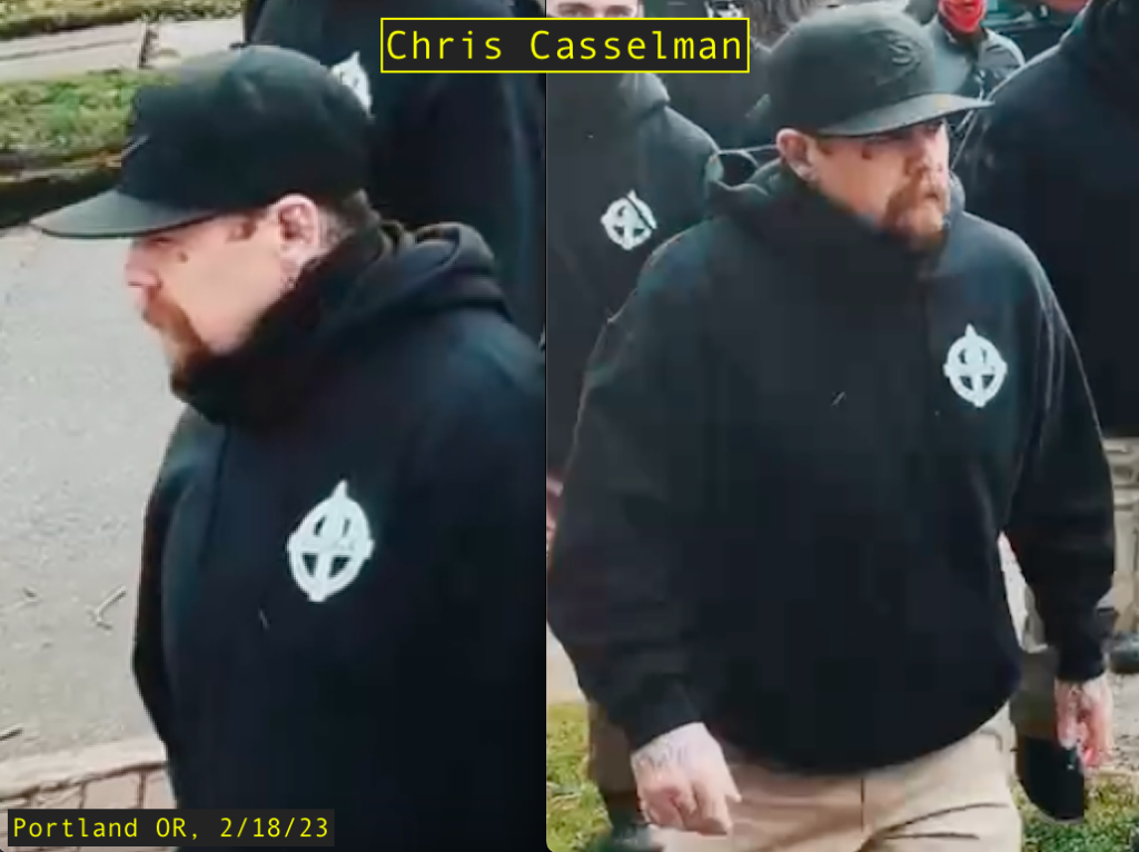two images of chris casselman labeled at the 2/18/23 banner drop in portland. he is wearing khakis, an eac hoodie, and a black cap.
