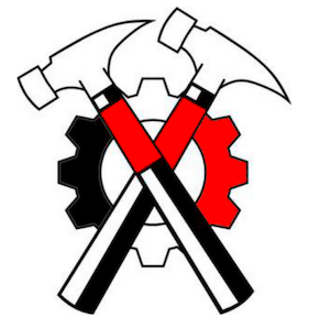 Hammerskins logo, two hammers crossed over a tricolor gear (black, white, red)