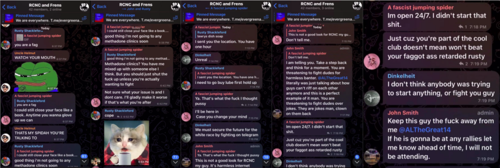 5 screenshots of the RCN telegram chat, where Nick Paine posted a video of himself playing with knives and was made of. He threatens to fight someone mocking him, and is chastised by other members before leaving the chat. Apologies, but a full transcription was too long for the alt text container.