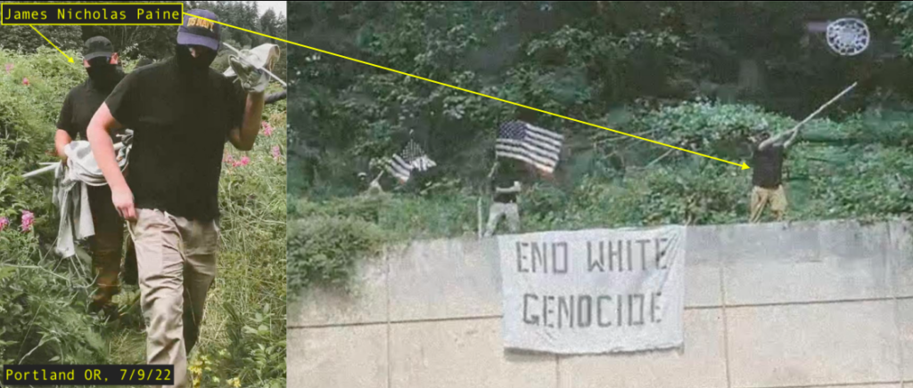 Two images showing Nick Paine at the Rose City Nationalists banner drop in PDX on 7/9/22. Nick is labeled.