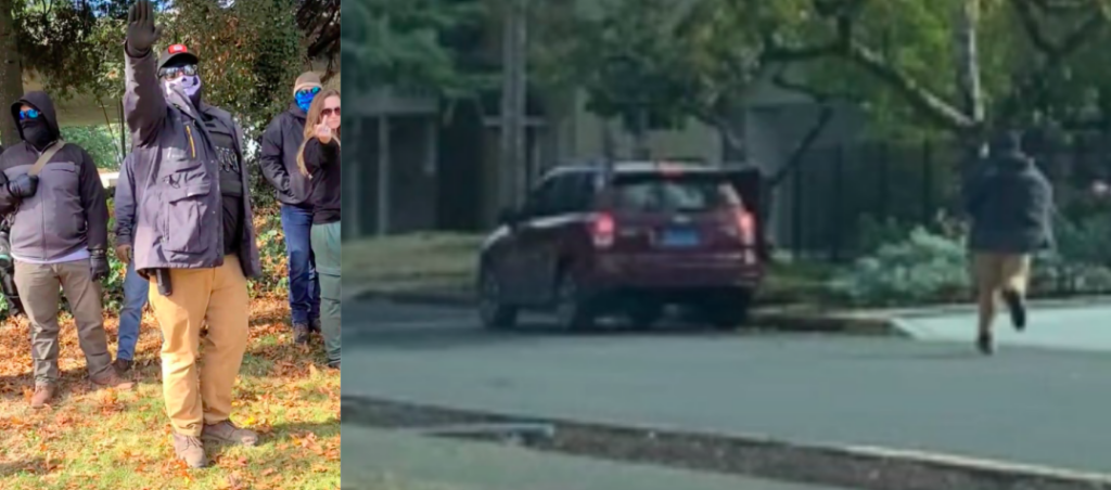Two images, left is Nick Paine sieg heiling at a protest and right is him running away at full speed from antifascists, towards his fellow Nazi Zachary Lambert's subaru forester.