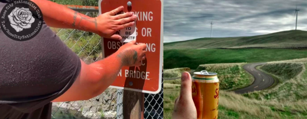 Two images, left is a still from a video RCN posted, with their logo overlaid in the uppee left, showing Nick Paine's arms putting up a racist sticker. There is a wind turbine tattooed on his left arm. Right is a pic from Nick Paine's facebook, showing his hand holdinga beer in front of some wind turbines in the distance.