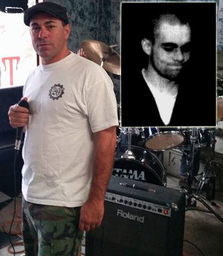 Chris Lord on a stage getting ready to do some racist music. A black and white inset photo shows him in jail clothes in 1994 after the synagogue attach.