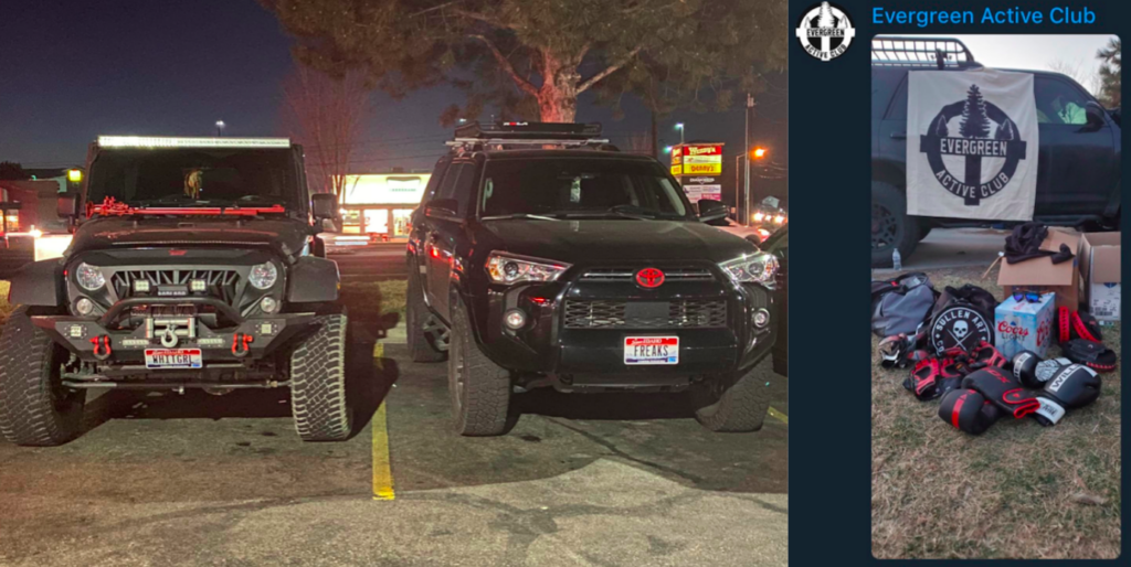 Left, two black vehicles with Idaho plates parked side by side. Kristi Deschene's is a jeep with plate "WHITGRL", Lindsey Harris's is a Toyota with plate "FREAKS". Right image is an Evergreen Active Club banner draped over Lindsey's Toyota, behind some boxing gear and beer piled up in the lawn.