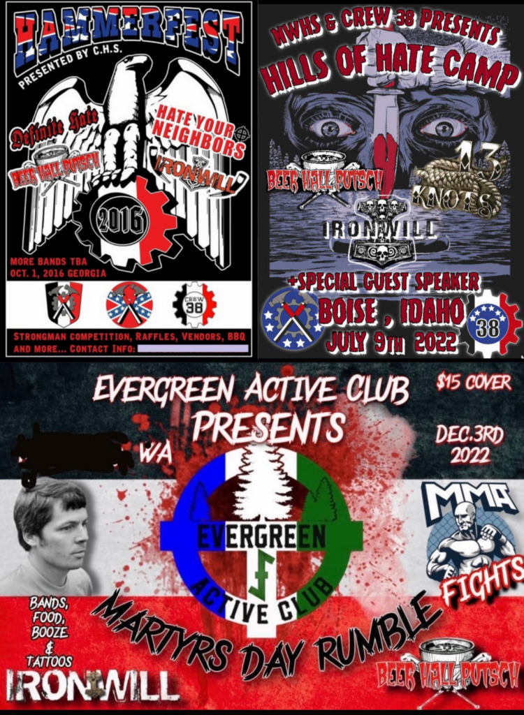 3 different flyers featuring Beer Hall Putsch, Oct 1 2016 in Georgia, July 9 2022 in Boise, and Dec 3 2022 in Pasco WA