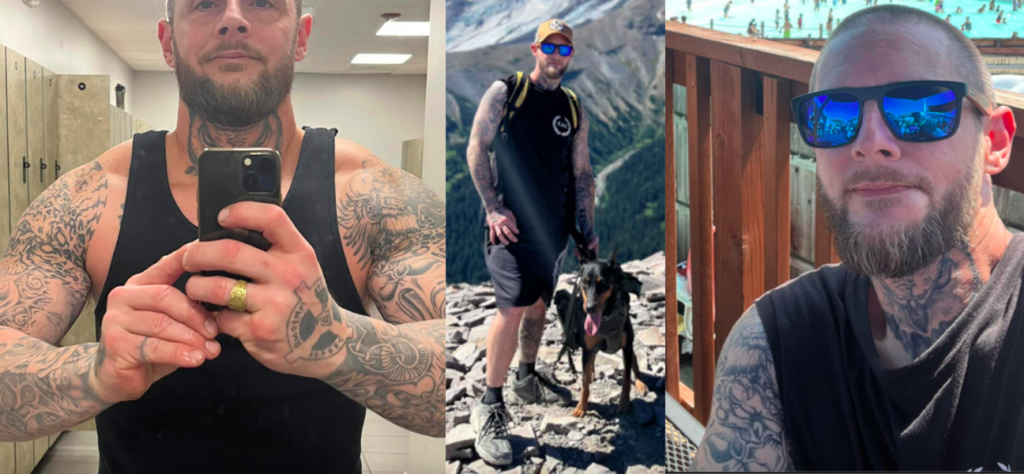 Three pics of Jason Stebly. Left, gym selfie with many tats displayed. Center, with dog on a hike while wearing an EAC tanktop. Right, selfie of Jason in EAC tanktop.