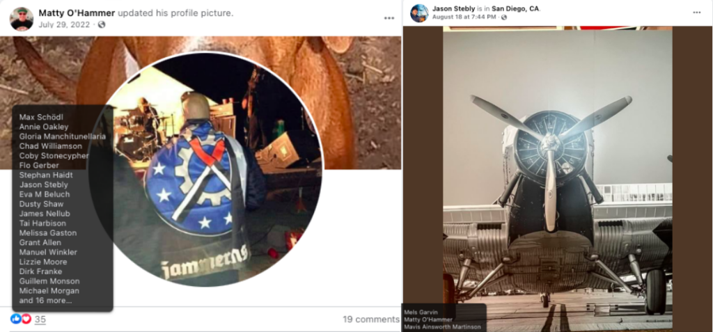 Two screenshots from Facebook. Left is Matthew Schmoyer's photo of himself wrapped in a Hammerskins flag, and Jason Stebly is visible in the likes. Right is a pic of an airplane Jason took on August 18 in San Diego with Matthew Schmoyer in the likes.