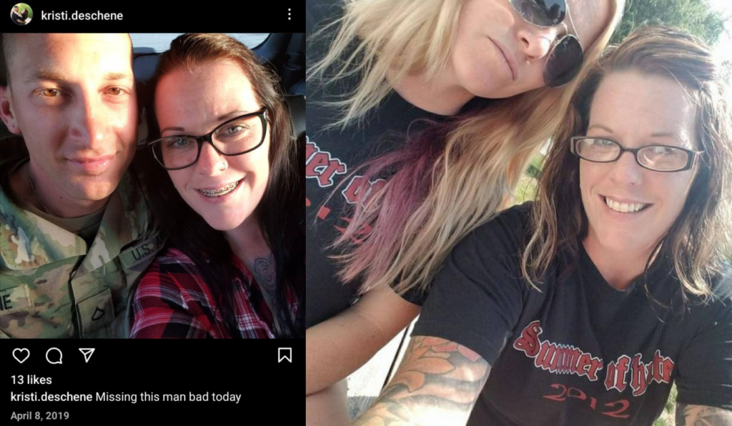 Left pic, Steve and Kristi Deschene from Kristi's Instagram. He is wearing a military uniform.
Right pic, sisters Kristi Deschene and Lindsey Harris wear matching tshirts that say "Summer of Hate 2012"