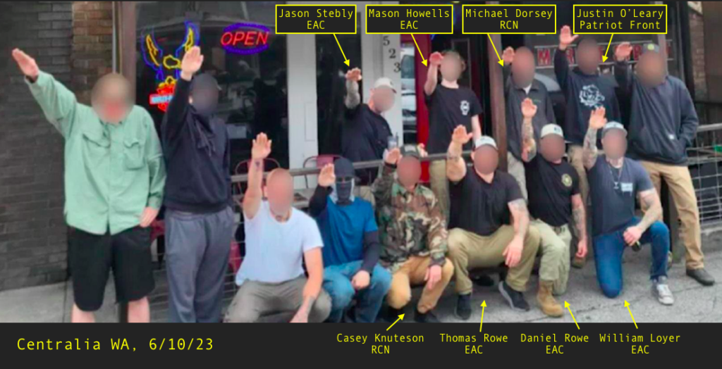 Group photo of Nazis outside of a bar they got kicked out of in Centralia WA on 6/10/23. Labeled are Jason Stebly, Mason Howells, Michael Dorsey, Justin OLeary, Casey Knuteson, Thomas Rowe, Daniel Rowe, William Loyer.