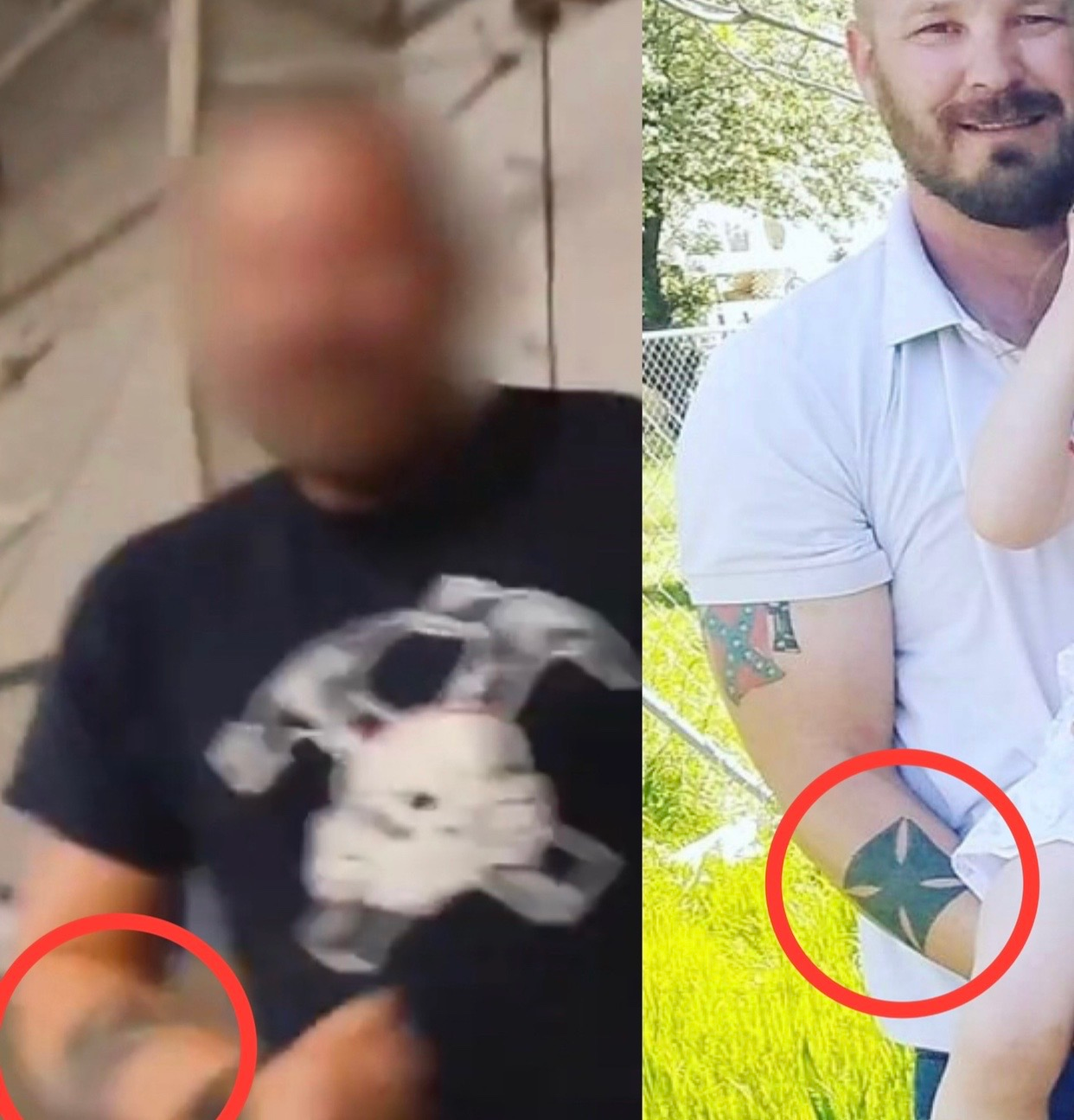 Two pics of Robert Harris with iron cross and confederate flag tats showing