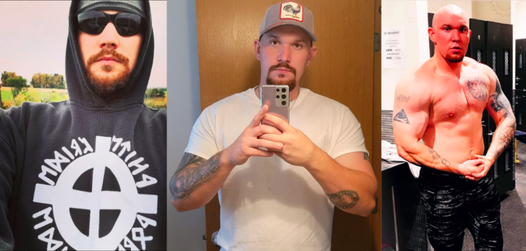 3 pics of Thomas Anthony Rowe. Left, wearing a hoodie with a celtic cross and sunglasses. Center, in a white tshirt and trucker cap taking a selfie in the mirror. Right, topless in the locker room at a gym.