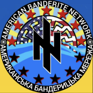 American Banderite Network Logo with a wolfsangel, sonnenrad in red, white & blue colors, on a background of yellow and blue to represent Ukraine.