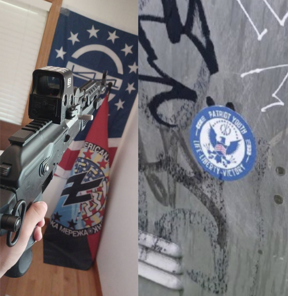 side by side photos, the left side is a hand holding a rifle pointed at the corner of a room where there is a Patriot Front flag hanging on the wall. The photo on the right is of a Patriot Youth sticker on a silver metal box