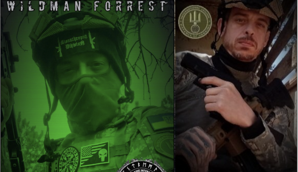 Two pictures side-by-side of Michael Beam, aka Wildman Forrest. He is wearing a helmet, camouflage jacket, tactical vest, and face gaiter, holding a rifle in the picture on the left. On the right he is wearing a camo shirt and helmet, holding a pistol in one hand and a rifle in the other.