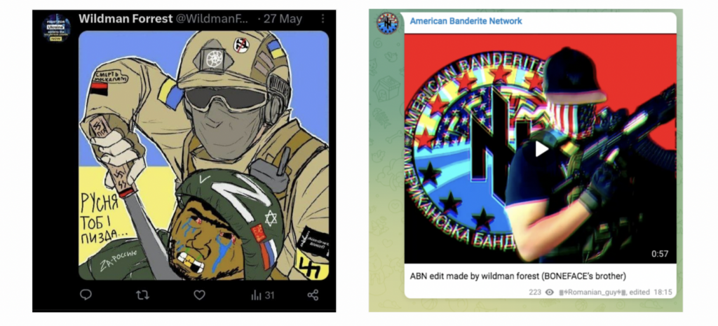 two photos side-by-side. The one of the left is a cartoon posted by Wildman Forrest. It depicts a Nazi Ukrainian soldier slitting the throat of a Russian soldier. The photo on the right is from American Banderite Network telegram and reads: ABN edit made by wildman forest (BONEFACE's brother) posted by Romanian_guy. The picture is of a young man standing in front of the American Banderite Network logo, holding a rifle and has his face covered with an American Flag gaiter and baseball hat to hide his face.