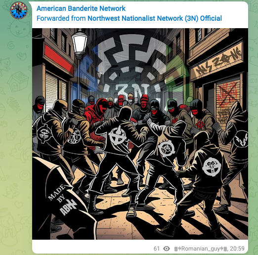 American Banderite Network posts an AI image of a cartoon depicting active club members in a street fight with antifascists. There is a sonnenrad with 3N symbol in the background.