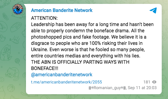 American Banderite Network ATTENTION: Leadership has been away for a long time and hasn't been able to properly condemn the boneface drama. All the photoshopped pics and fake footage. We believe it is a disgrace to people who are 100% risking their lives in Ukraine. Even worse is that he fooled so many people, entire countries medias and everything with his lies. THE ABN IS OFFICIALLY PARTING WAYS WITH BONEFACE!! @ americanbanderitenetwork