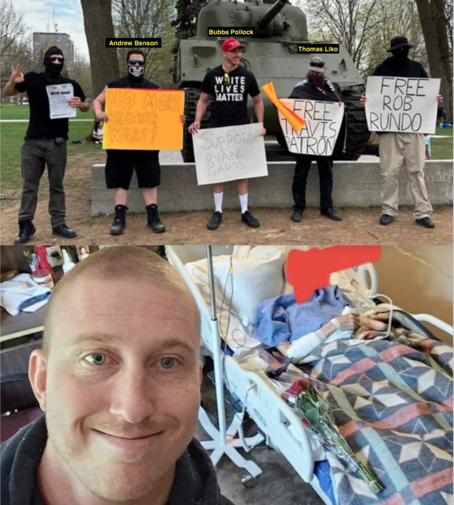 A compilation of 2 pictures. The picture on top is of 5 men standing in front of a memorial tank. They are holding signs that read "no more brother wars", "support Ryan Gauss", "Free Rob Rundo", and "Free Travis Patron". One holds up the OK hand gesture