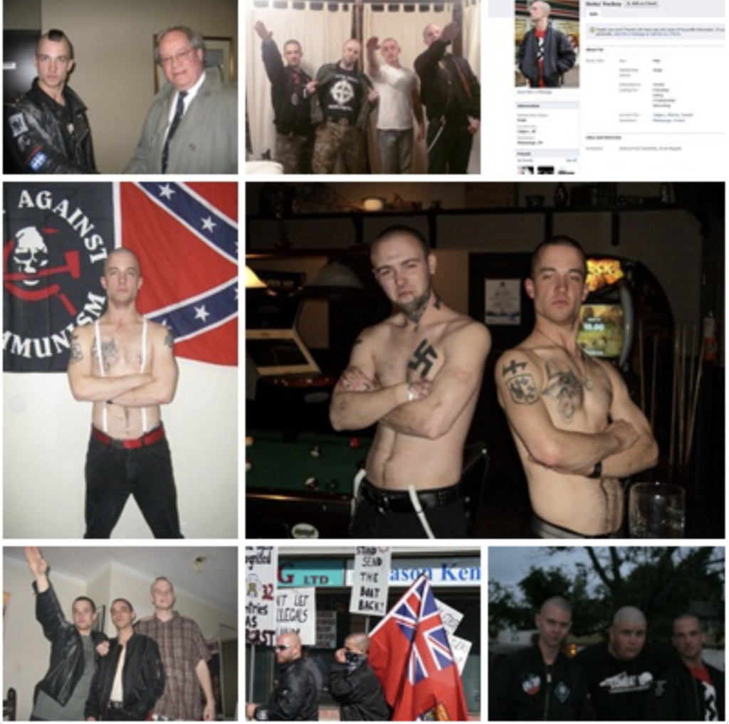 A compilation of 8 photos showing Andrew Benson aka Kievan Rus doing a Roman salute, posing with a man who has swastika tattoo on his chest, wearing a tshirt with swastika, standing in front of a Confederate Flag and Rock Against Communism flag.