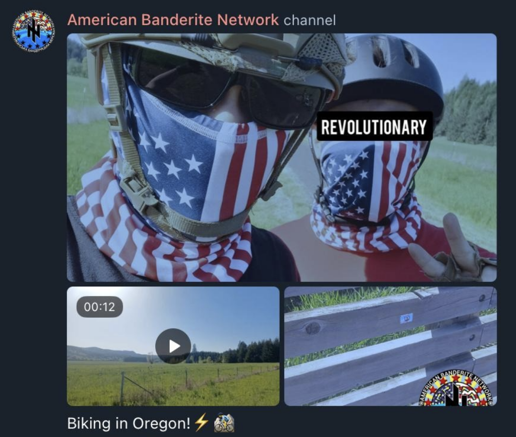 A compilation of 3 pictures taken from Telegram. They show two young men wearing American Flag face gaiter, sunglasses and bike helmets. One gives the peace sign to the camera for their selfie. Another picture shows a sprawling grassy field with hills in the background. The 3rd picture shows a wooden fence with an ABN sticker on it.