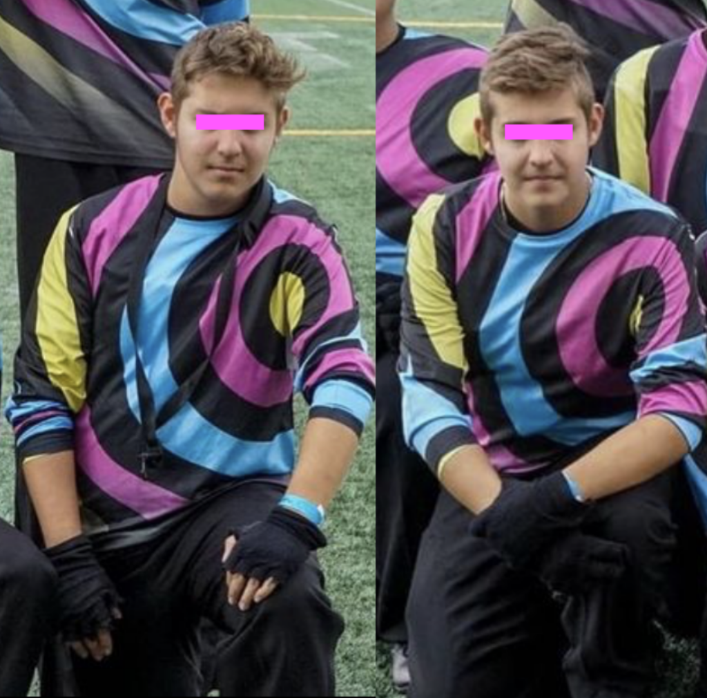 Left: A teenage boy kneels on one knee, looking away from the camera, wearing a shirt with pink, yellow, blue and black swirls on it, and fingerless black gloves. 
Right: A teenage boy kneels on one knee, wearing a shirt with pink, yellow, blue and black swirls on it, and black gloves. 
