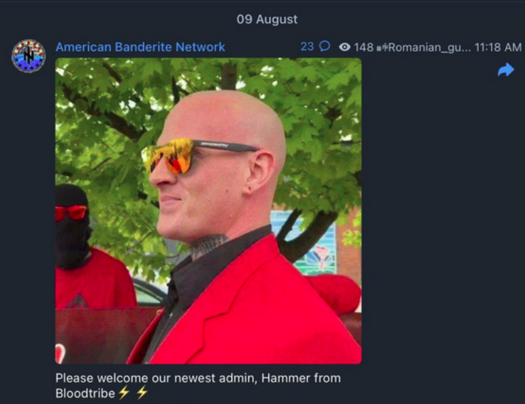 Telegram post from the American Banderite Network Channel, photo of Chris Polhaus and caption that reads "Please welcome our newest admin, Hammer from Bloodtribe"