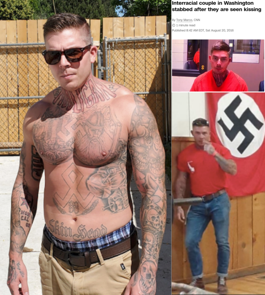 Three images of Daniel Rowe. 1: Shirtless with tattoos visible, including a swastika on his chest. 2: screenshot of a news article that says "Interracial couple in Washington stabbed after they are seen kissing" and has a pic of Daniel in an orange jail suit below it. 3: Daniel posing in front of a large swastika flag.