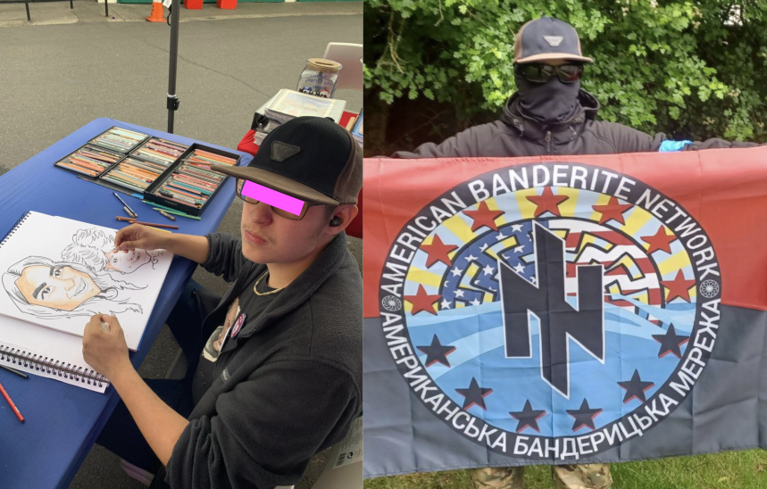Left: a young man sits at a table that is draped in a blue tablecloth. He is looking up at the camera while he sits and colors a caricature drawing. He is wearing a Giorgio Armani hat, glasses and earpiece in his ear. 
Right: A man holding a banner that says "American Banderite Network" and wearing a gaiter over his face, sunglasses, and the same Armani hat