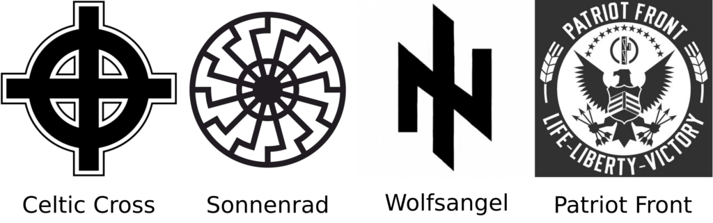 Four hate symbols shown and labeled: celtic cross, sonnenrad, wolfsangel, patriot front logo