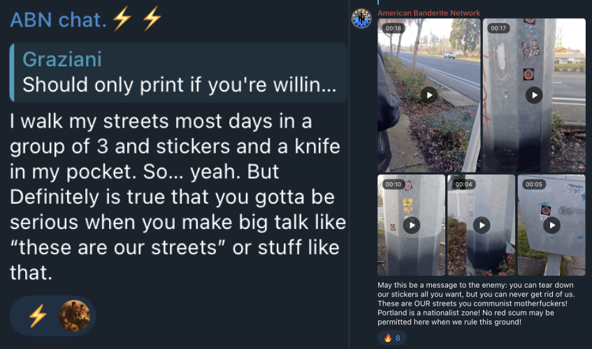 Telegram post showing AP say he walks his neighborhood in a group of three to put up stickers, and carries a knife with him. There is a collage of images of stickers they put up