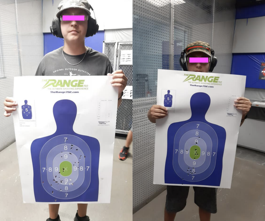 Left: a young man is wearing a baseball hat, safety glasses and ear protection as he hold up a shooting target that has been shot. 

Right: a young man is wearing a camouflage hat, safety glasses and ear protection as he hold up a shooting target that has been shot. 
