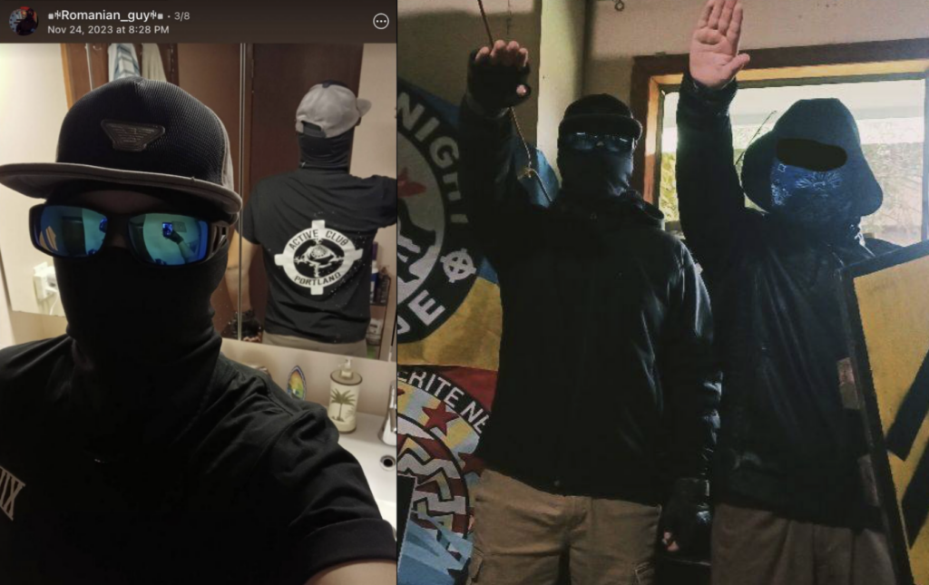 Left: AP, a teenage boy, taking a selfie in a bathroom mirror. His black t-shirt says “active club Portland”. He is wearing sunglasses, a baseball hat and face gaiter to conceal his identity. 
Right: AP and BP in a garage doing nazi salutes with fascist flags in the backgroun.