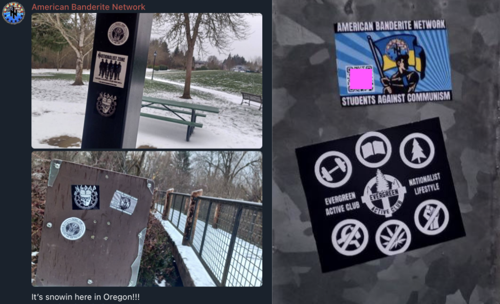 Left: a screenshot from the ABN telegram chat showing a post by ABN that says “Its snowin here in oregon!!!!” There are two pictures of 6 different Nazi stickers placed around Frances Street Park in Hillsboro, Oregon with snow in the background. 
Right: two stickers on a metal pole. One sticker is for the American Banderite Network Students Against Communism. The sticker on the bottom is a black and white and is for Evergreen Active Club showing symbols for no communists, no marijuana, no Black Lives Matter, and in support of books, trees, and weights. 
