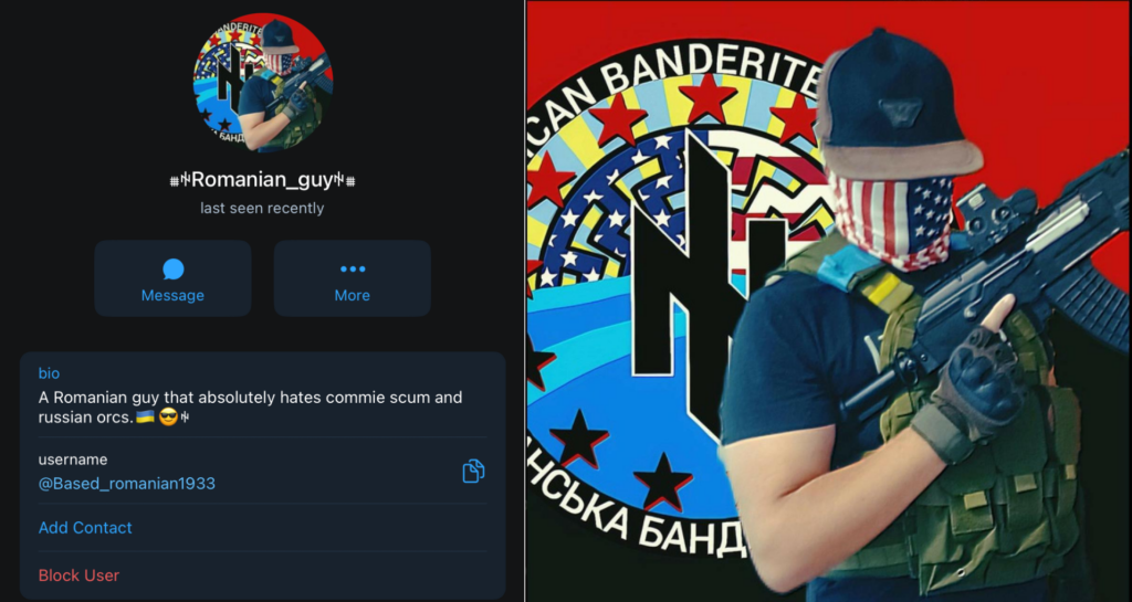Left: Telegram bio of @based_romanian1933, showing a display name of "Romanian Guy"
Right: @based_romanian1933's profile picture, showing AP wearing his armani hat with his face covered and holding an AK47 in front of the ABN logo
