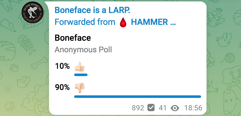Telegram post from "Boneface is a LARP". It's a poll for people to vote on the verdict from the boneface trial. 10% say boneface good, 90% say boneface bad.