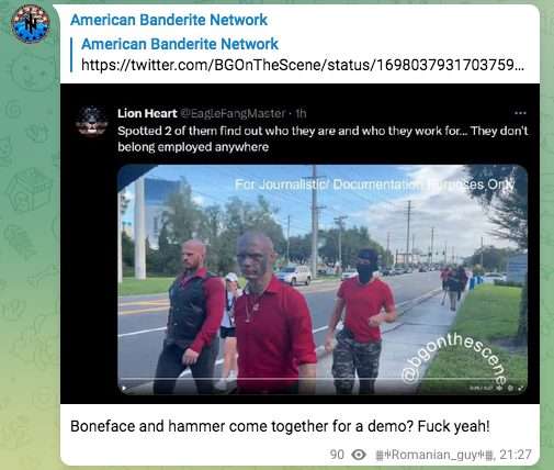 Telegram post from American Banderite Network channel. Its a twitter screenshot from @EagleFangMaster: "Spotted 2 of them find out who they are and who they work for...They dont belogn employed anywhere." Below the text is a pic of Boneface and Chris Pohlhaus at a Blood Tribe event. Below this twitter screenshot, ABN's caption reads "Boneface and hammer come together for a demo? Fuck yeah!"