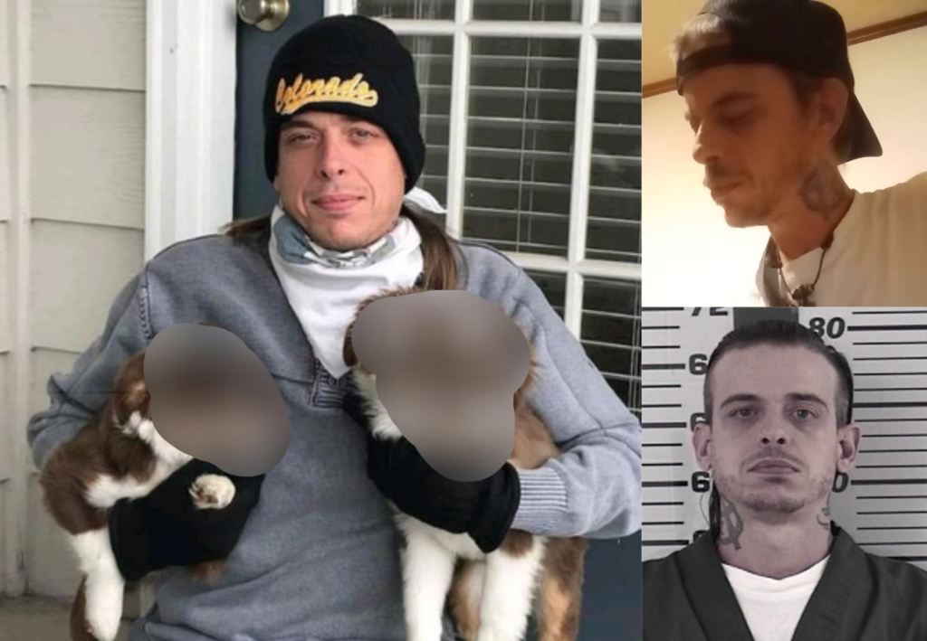 Three photos of Michael Beam / Wildman Forrest. Left is a personal photo of Mike holding two dogs on a porch. The dog faces are blurred. Right top is a pic of Mike showing his neck tattoo. Bottom right is Mike's mug shot, with matching neck tat visible.
