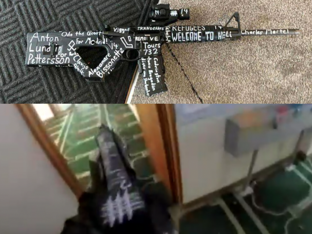 Two photos, one on top of the other. The top photo is of a black rifle with words written in white paint pen. It says things like "REFUGEES WELCOME TO HELL" and has a St.Michael's Cross on the optic. 

The bottom photo is a still photo taken from the livestream of the mass murder in Christchurch. The picture is of the top of the gunman's rifle that has a St.Michael's Cross on the optic. 