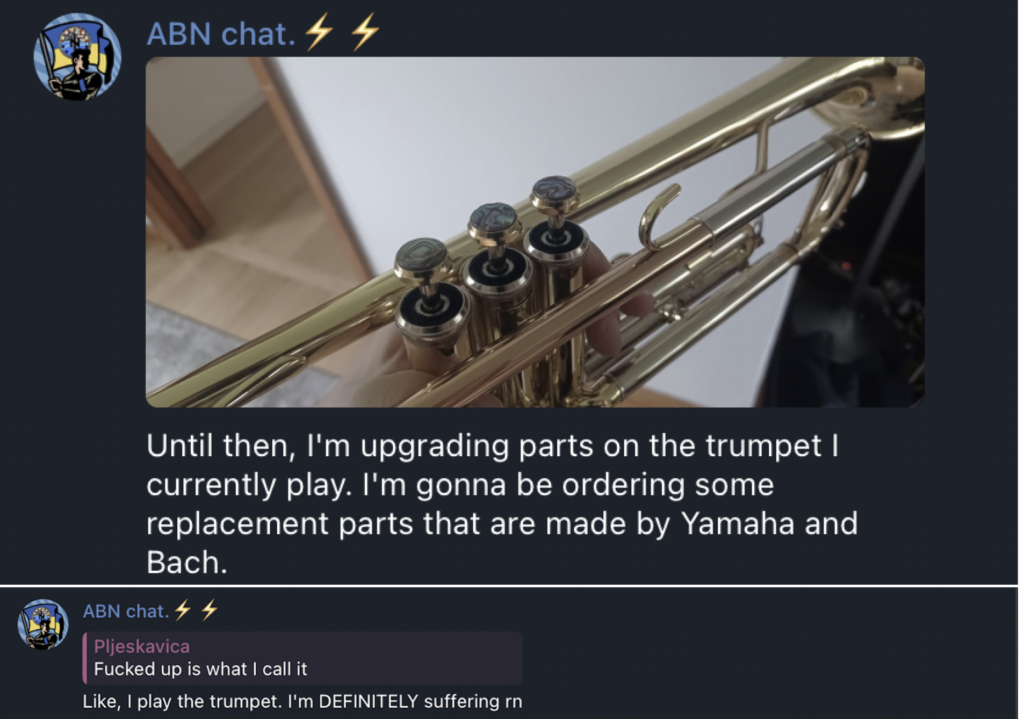 ABN Chat. 

Shows a picture of a hand holding a trumpet. 

Until then, I'm upgrading parts on the trumpet |
currently play. I'm gonna be ordering some
replacement parts that are made by Yamaha and
Bach.

ABN chat. 4 4¥

Pljeskavica
Fucked up is what | call it

Like, | play the trumpet. I'm DEFINITELY suffering rn

