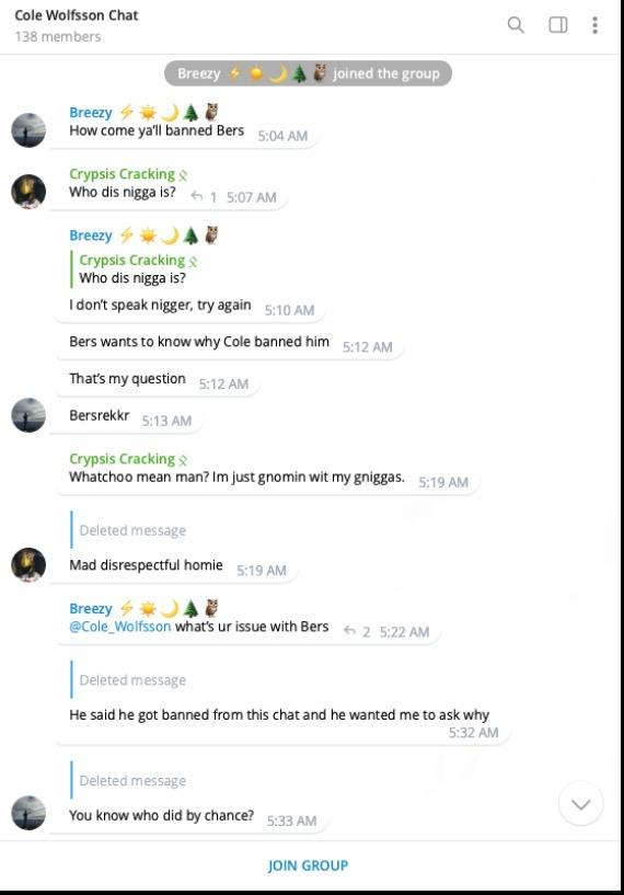 Screenshot of the Cole Wolfsson chat on Telegram, with Micah using the handle "Barefoot Breezy" and question why Tony Allen was kicked from the chat.