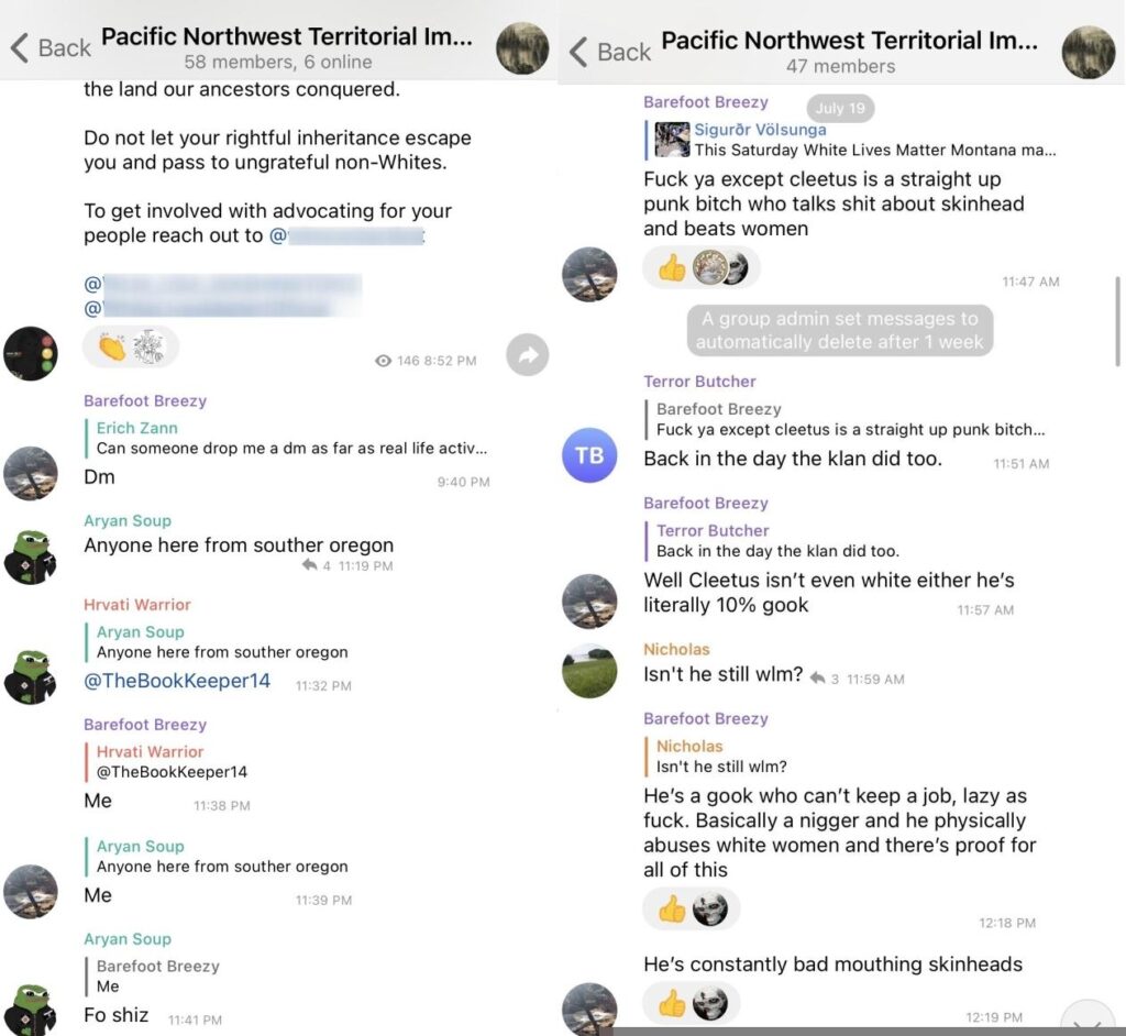 Telegram screenshots of the Pacific Northwest Territotrial Initiative, showing a user named Barefoot Breezy.