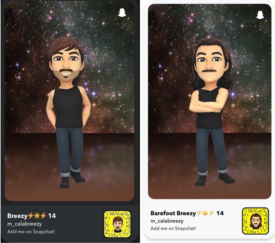 Two images of Micah Calabrese's SnapChat bio, taken at different times. On the left, his display name is "Breezy", and a cartoon avatar with short hair and a mustache. On the right, more recently, his display name is "Barefoot Breezy" and the cartoon avatar has long hair and a mustache.