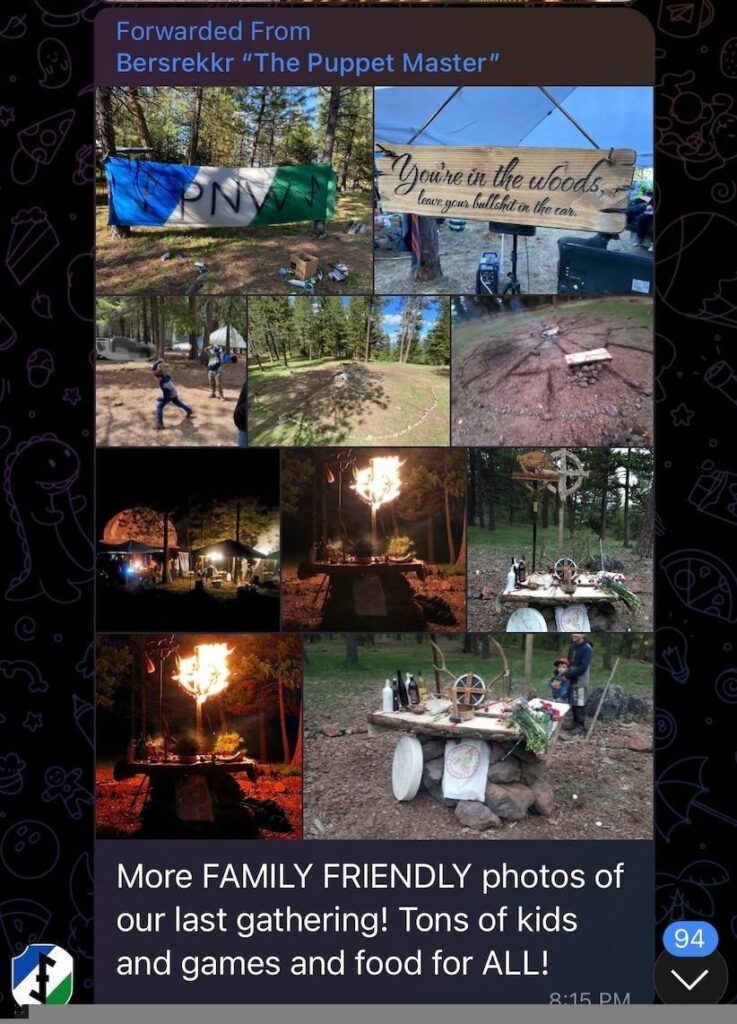 Screenshot of Tony Allen posting photos from the PNWTI campout on Telegram