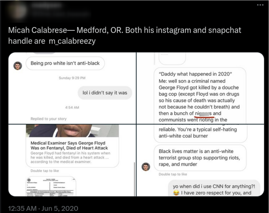 a Twitter post in which a user is sharing screenshots of racist DM's that Micah Calabrese sent them on Instagram